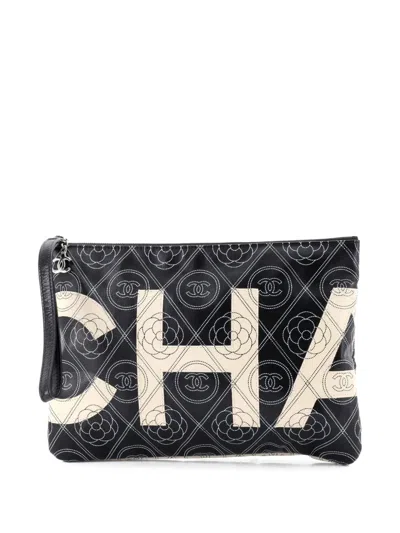 Pre-owned Chanel Camellia Logo Wristlet Printed Coated Canvas Medium Clutch Bag In Neutral