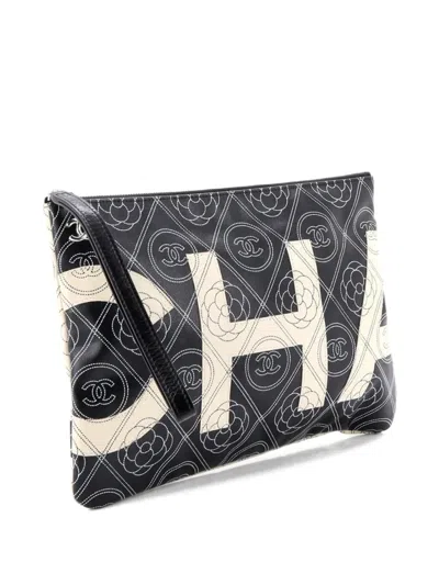 Pre-owned Chanel Camellia Logo Wristlet Printed Coated Canvas Medium Clutch Bag In Neutral
