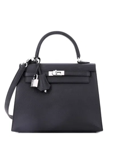 Pre-owned Hermes Kelly Handbag Black Epsom With Palladium Hardware 25 Satchel