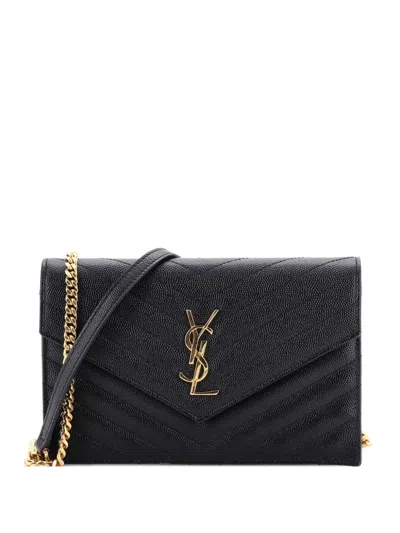 Pre-owned Saint Laurent Classic Monogram Wallet On Chain Matelasse Chevron Leather Small Crossbody Bag In Black