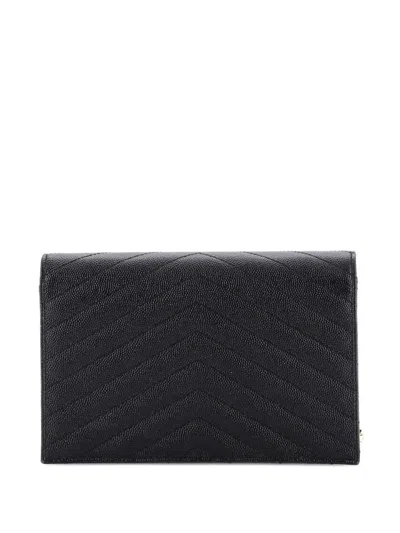 Pre-owned Saint Laurent Classic Monogram Wallet On Chain Matelasse Chevron Leather Small Crossbody Bag In Black