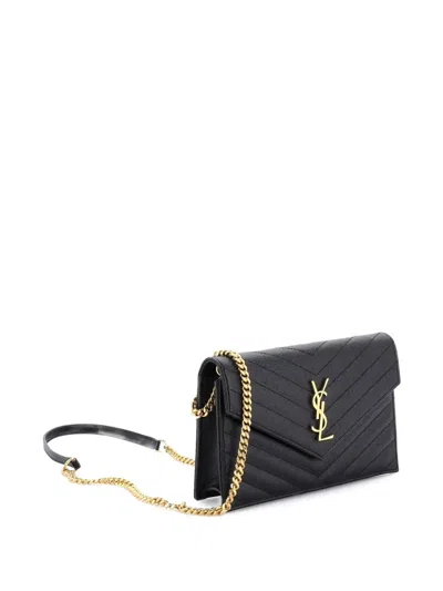 Pre-owned Saint Laurent Classic Monogram Wallet On Chain Matelasse Chevron Leather Small Crossbody Bag In Black
