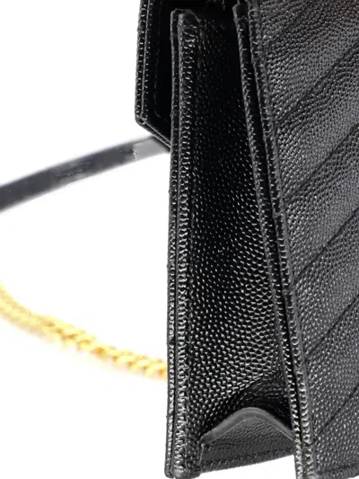 Pre-owned Saint Laurent Classic Monogram Wallet On Chain Matelasse Chevron Leather Small Crossbody Bag In Black