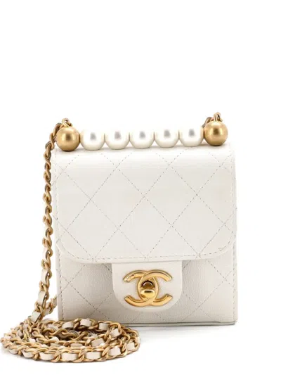 Pre-owned Chanel Chic Pearls Flap Clutch With Chain Quilted Goatskin Mini Crossbody Bag In White
