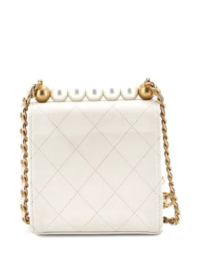 Pre-owned Chanel Chic Pearls Flap Clutch With Chain Quilted Goatskin Mini Crossbody Bag In White