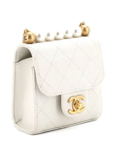 Pre-owned Chanel Chic Pearls Flap Clutch With Chain Quilted Goatskin Mini Crossbody Bag In White