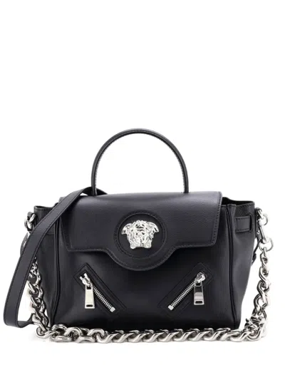 Pre-owned Versace La Medusa Top Handle Bag Leather With Zipper Detail Medium Satchel In Black
