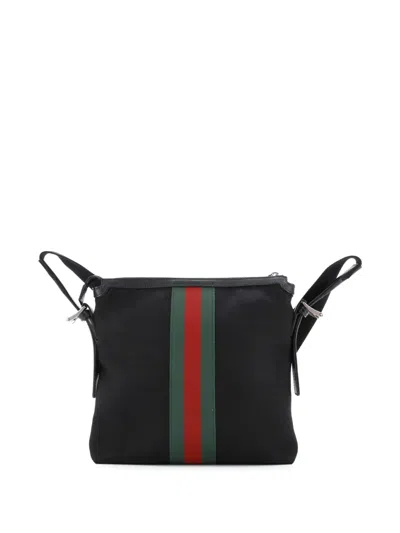 Pre-owned Gucci Web Messenger Bag Techno Canvas Medium Crossbody Bag In Black