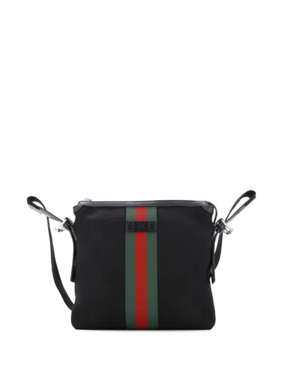 Pre-owned Gucci Web Messenger Bag Techno Canvas Medium Crossbody Bag In Black