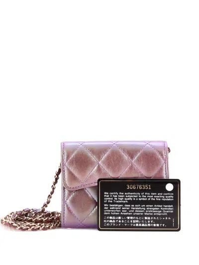 Pre-owned Chanel Classic Flap Card Holder On Chain Quilted Iridescent Lambskin Mini Clutch Bag In Purple