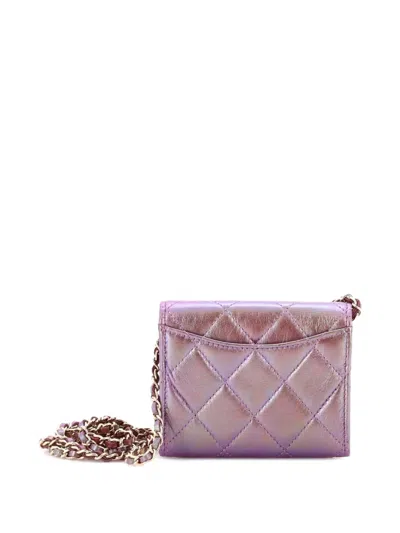 Pre-owned Chanel Classic Flap Card Holder On Chain Quilted Iridescent Lambskin Mini Clutch Bag In Purple