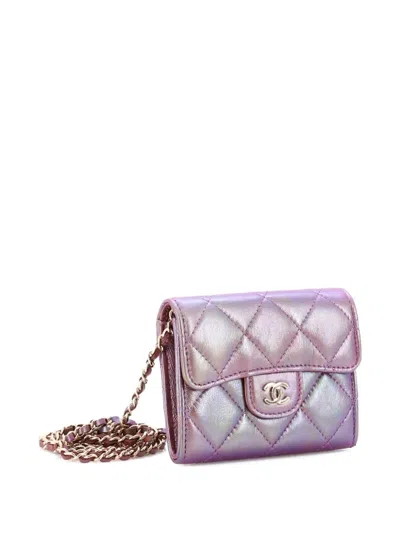 Pre-owned Chanel Classic Flap Card Holder On Chain Quilted Iridescent Lambskin Mini Clutch Bag In Purple