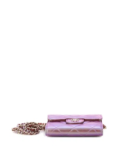 Pre-owned Chanel Classic Flap Card Holder On Chain Quilted Iridescent Lambskin Mini Clutch Bag In Purple