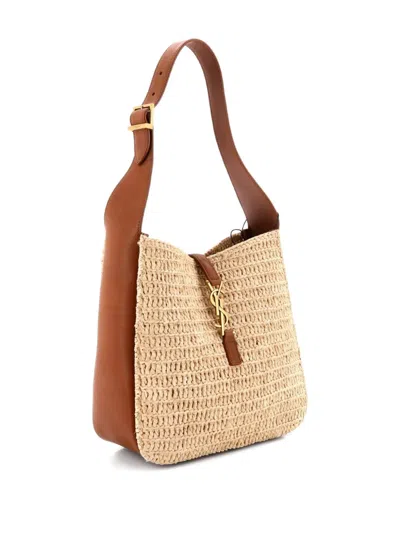 Pre-owned Saint Laurent Le 5 A 7 Supple Hobo Raffia And Leather Small Tote Bag In Brown