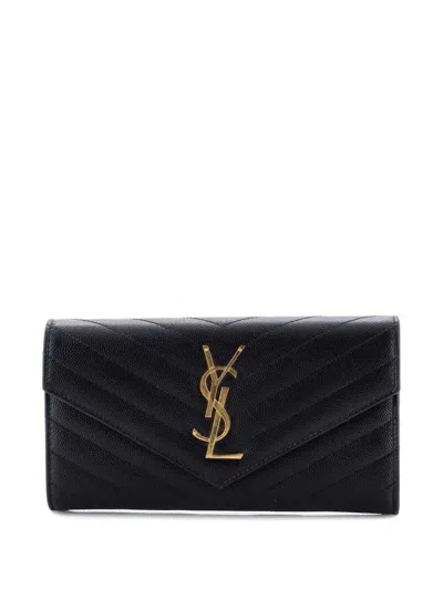 Pre-owned Saint Laurent Classic Monogram Flap Wallet Matelasse Chevron Leather Large Small Wallets In Black