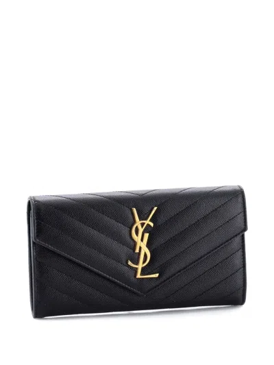 Pre-owned Saint Laurent Classic Monogram Flap Wallet Matelasse Chevron Leather Large Small Wallets In Black