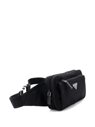 Pre-owned Prada Front Pocket Re-nylon With Saffiano Leather Belt Bag In Black