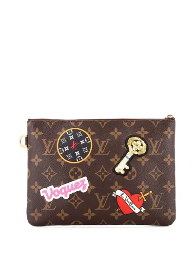 Pre-owned Louis Vuitton City Pouch Limited Edition Patches Monogram Canvas Clutch Bag In Brown