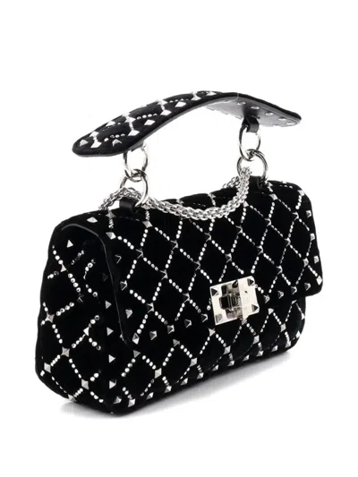 Pre-owned Valentino Garavani Rockstud Spike Flap Bag Crystal Embellished Quilted Velvet Small Shoulder Bag In Black