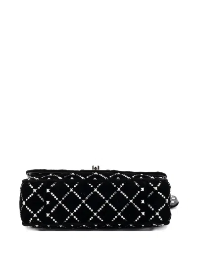 Pre-owned Valentino Garavani Rockstud Spike Flap Bag Crystal Embellished Quilted Velvet Small Shoulder Bag In Black