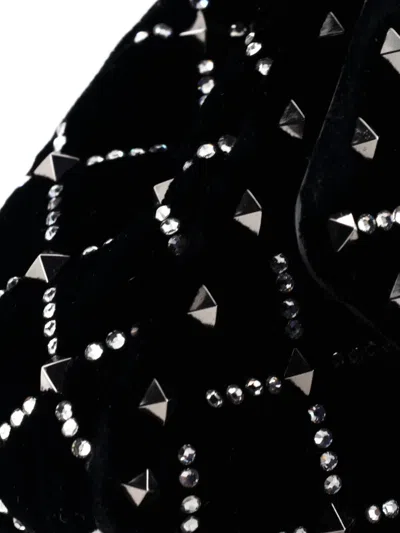 Pre-owned Valentino Garavani Rockstud Spike Flap Bag Crystal Embellished Quilted Velvet Small Shoulder Bag In Black