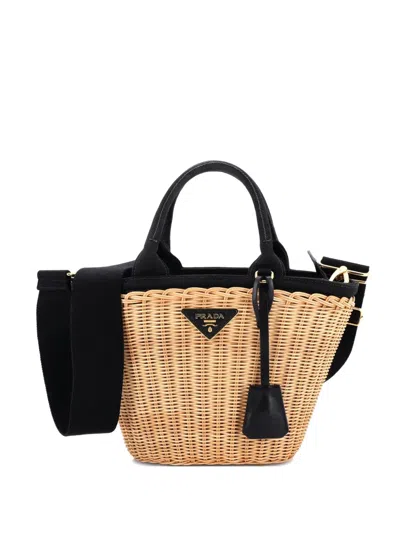 Pre-owned Prada Convertible Basket Bag Wicker With Canvas Small Bucket Bag In Black