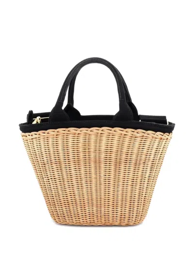 Pre-owned Prada Convertible Basket Bag Wicker With Canvas Small Bucket Bag In Black