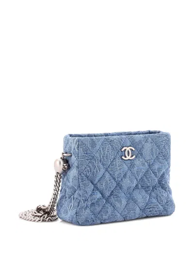 Pre-owned Chanel Sweet Heart Chain Crossbody Bag Quilted Camellia Denim Mini Shoulder Bag In Blue