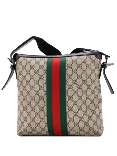 Pre-owned Gucci Web Messenger Bag Gg Coated Canvas Medium Crossbody Bag In Brown