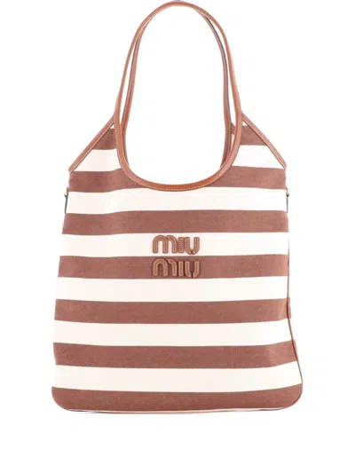 Pre-owned Miu Miu Ivy Hobo Bag Striped Canvas Tall Tote Bag In Brown