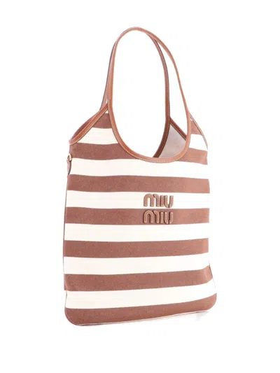 Pre-owned Miu Miu Ivy Hobo Bag Striped Canvas Tall Tote Bag In Brown