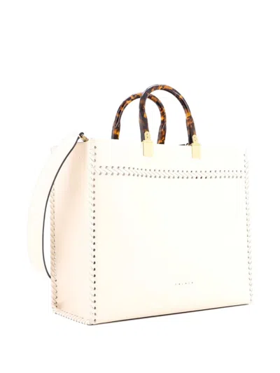 Pre-owned Fendi Sunshine Shopper Whipstitch Leather Medium Tote Bag In Neutral