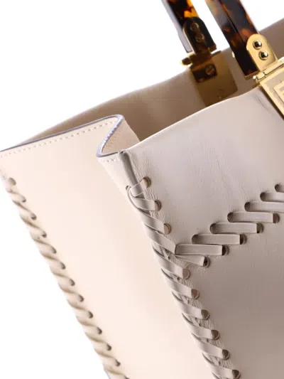 Pre-owned Fendi Sunshine Shopper Whipstitch Leather Medium Tote Bag In Neutral