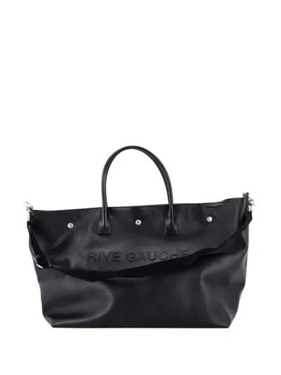 Pre-owned Saint Laurent Rive Gauche Shopper Embossed Leather Maxi Tote Bag In Black