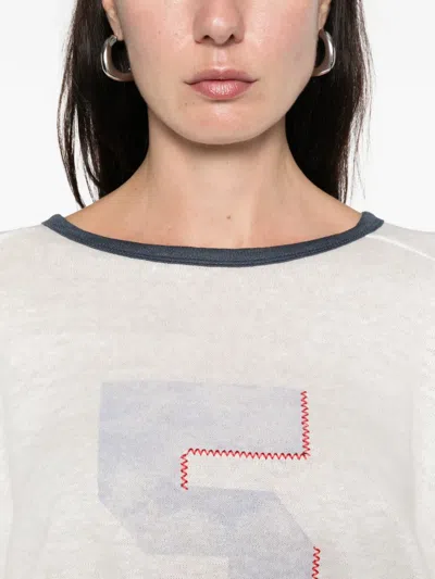 Open Yy Number Graphic Linen Tee Sweater In White