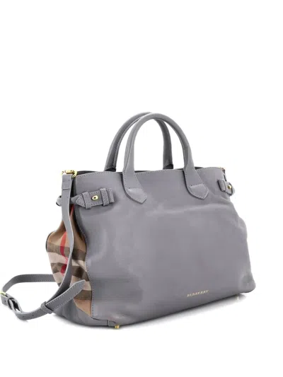 Pre-owned Burberry Banner Tote Leather And House Check Canvas Medium Satchel In Gray