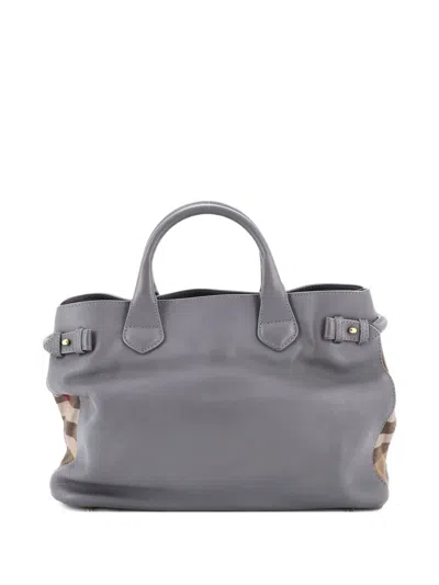 Pre-owned Burberry Banner Tote Leather And House Check Canvas Medium Satchel In Gray