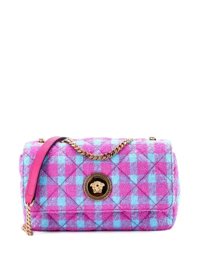 Pre-owned Versace Medusa Icon Chain Flap Bag Quilted Tweed East West Shoulder Bag In Pink
