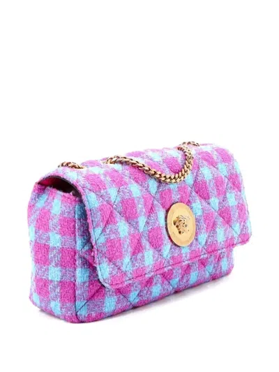 Pre-owned Versace Medusa Icon Chain Flap Bag Quilted Tweed East West Shoulder Bag In Pink