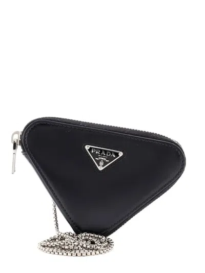 Pre-owned Prada Triangle Pouch Bag With Chain Brushed Leather Mini Crossbody Bag In Black