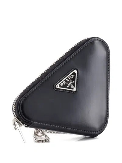 Pre-owned Prada Triangle Pouch Bag With Chain Brushed Leather Mini Crossbody Bag In Black