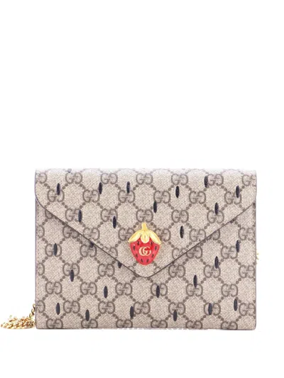 Pre-owned Gucci Strawberry Wallet On Chain Printed Gg Coated Canvas Mini Crossbody Bag In Brown