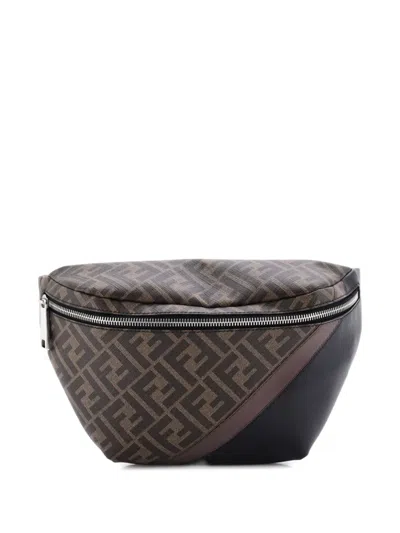 Pre-owned Fendi Zip Zucca Coated Canvas And Leather Belt Bag In Brown