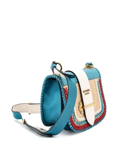 Pre-owned Prada Cahier Rounded Leather And Straw Small Crossbody Bag In Blue