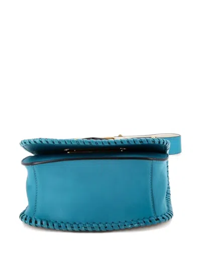 Pre-owned Prada Cahier Rounded Leather And Straw Small Crossbody Bag In Blue