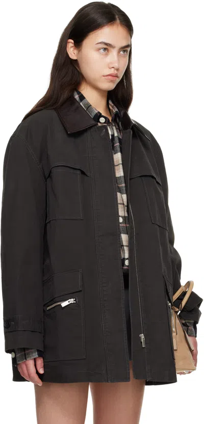 Cplus Series Black Leather-collar Multi-pockets Distressed Jacket In Black
