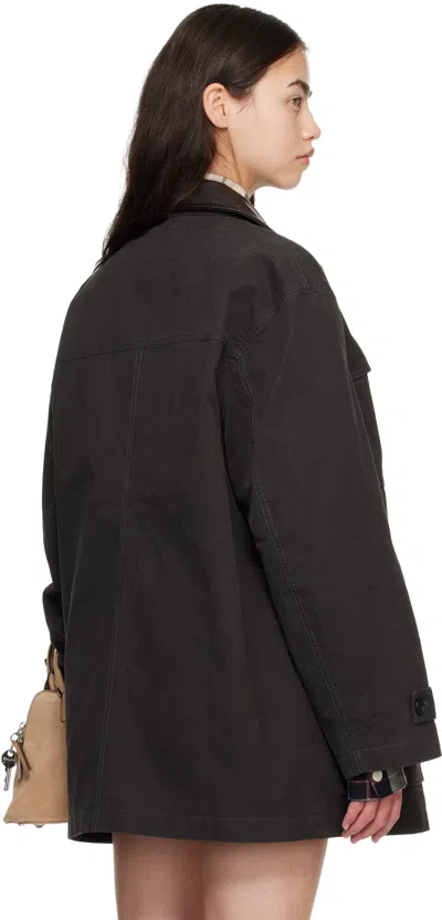 Cplus Series Black Leather-collar Multi-pockets Distressed Jacket In Black