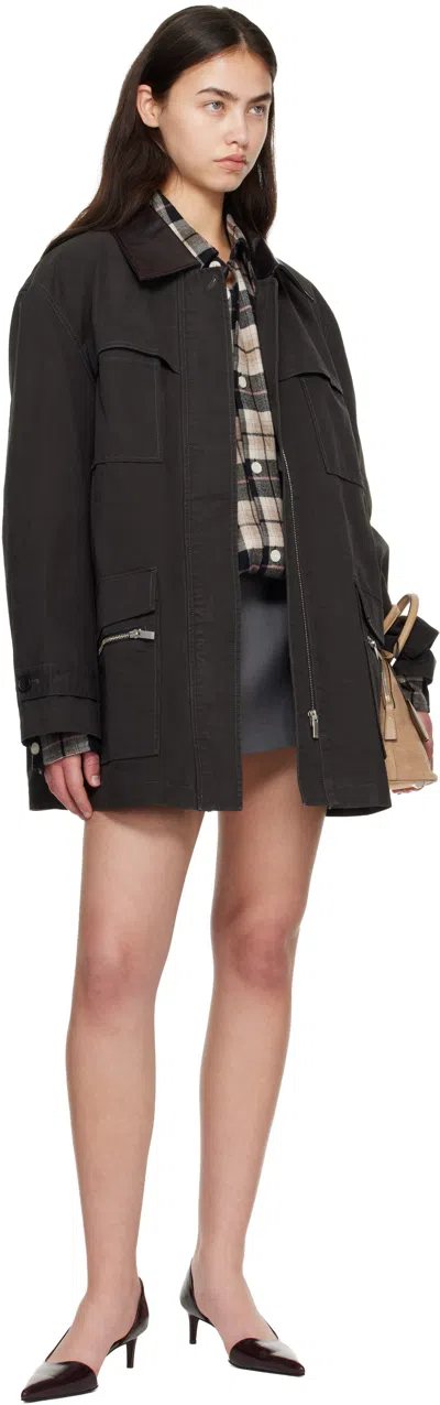 Cplus Series Black Leather-collar Multi-pockets Distressed Jacket In Black