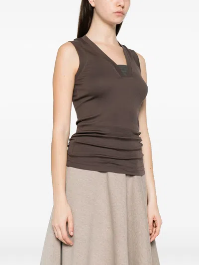 Brunello Cucinelli Cotton Tank V Neck Stretch Ribbed Top In Brown