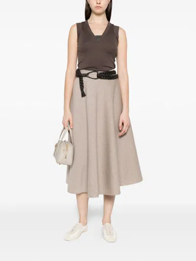 Brunello Cucinelli Cotton Tank V Neck Stretch Ribbed Top In Brown